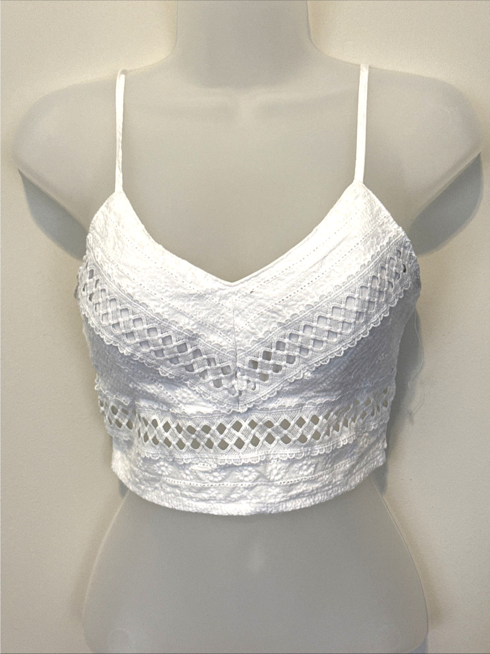 Rebellion Again M White Lace Crop Top Smocked Back Built In Cups Boho NWOT